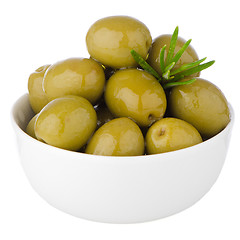 Image showing Green olives in a white ceramic bowl