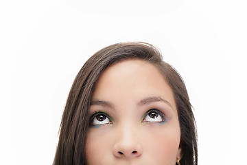 Image showing Closeup portrait of a beautiful young woman looking up, isolated
