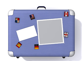 Image showing illustration of a light blue suitcase covered in travel stickers