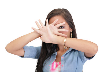 Image showing Confident woman making stop gesture sing with hand 