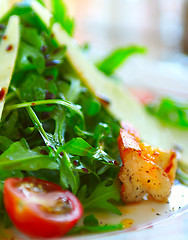 Image showing Fresh salad with a tomato, cheese and the fried meat