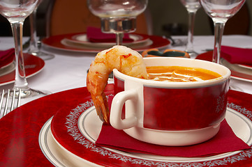 Image showing Tasty soup on a table at restaurant 