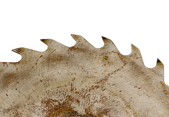 Image showing rusty circular saw disk teeth closeup on white 