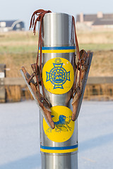 Image showing Old wooden ice skates hanging at the finish of the Dutch Elfsted