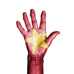 Image showing Hand of an old woman, wrapped with a pattern of the flag of Viet