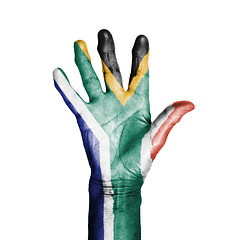 Image showing Hand of an old woman, wrapped with a pattern of the flag of Sout