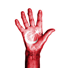 Image showing Hand of an old woman, wrapped with a pattern of the flag of Turk