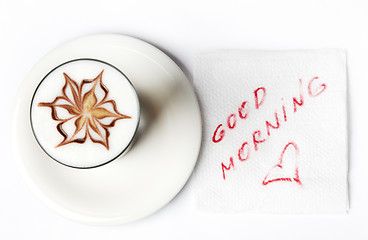 Image showing barista latte coffee glass with good morning note
