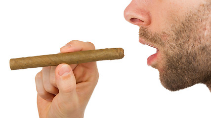 Image showing Man with beard is holding an unused cigar