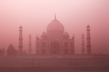 Image showing Taj Mahal at sunrise in fog