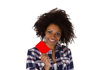 Image showing Young african american holding red card