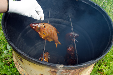 Image showing hand glove smoke tench fish smokehouse barrel 