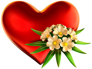 Image showing white flowers bouquet with big red heart