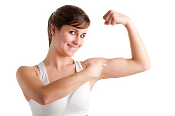 Image showing Woman Poiting at her Bicep