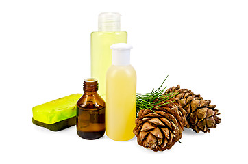 Image showing Oil with lotion and cedar cones