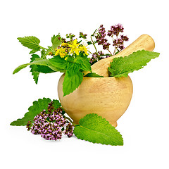 Image showing Herbs in a mortar and on the table