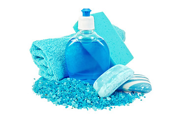 Image showing Soap blue different with sponge and bath salts