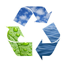 Image showing Recycle symbol made from waves, clouds and green leaf with drops