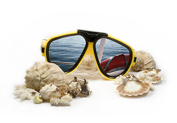 Image showing Yellow diving mask with sea shells and sea reflection