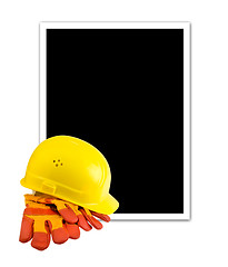 Image showing Yellow hard hat and protective gloves isolated with empty frame