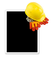 Image showing Yellow hard hat and protective gloves isolated with empty frame