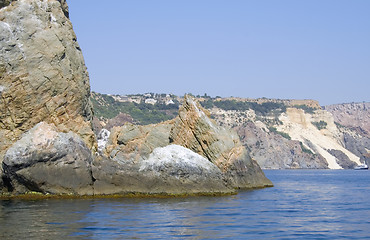 Image showing Mountain on a rocky coastline.View from sea.