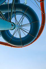 Image showing Twisting, colorful water chutes wind around