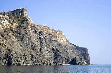 Image showing Mountain on a rocky coastline.View from sea.