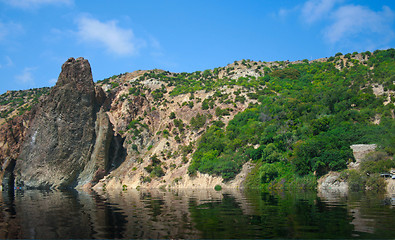 Image showing View on the coastline from the sea. High resolution panoramic ph