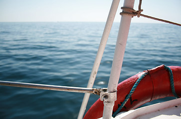 Image showing View from a boat at the sea.Focused on a boat