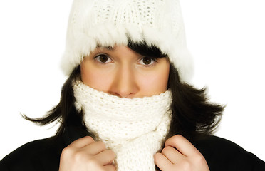 Image showing Girl in white knit cap and scarf