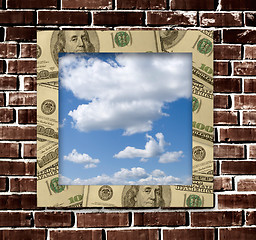 Image showing Dollars frame with sky image inside and grunge wall background