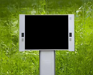 Image showing Blank advertising billboard with abstract green glass background