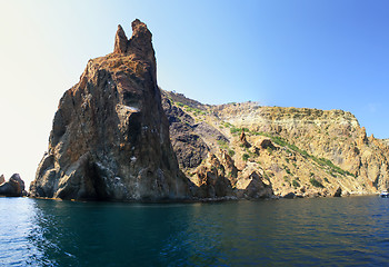 Image showing View on the coastline from the sea. High resolution panoramic ph