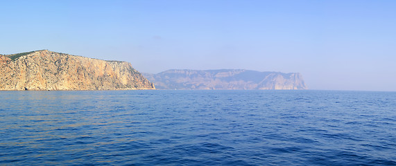 Image showing View on the coastline from the sea. High resolution panoramic ph