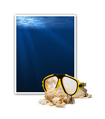 Image showing Frame with underwater scene and diving mask with sea shells