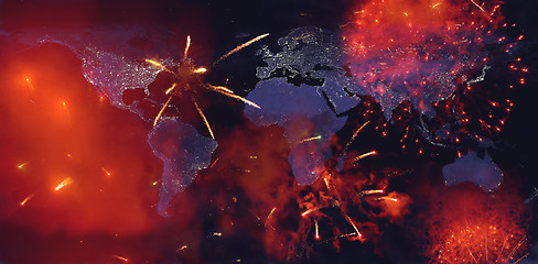 Image showing Fireworks with earth at night image.New year on the earth.High r