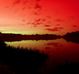 Image showing Red sunset lake panorama