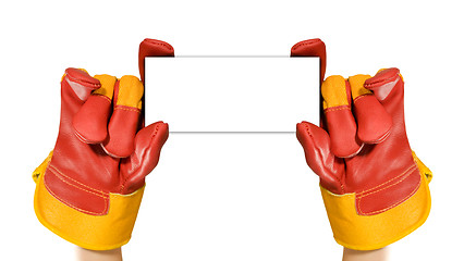 Image showing Red protective gloves holding an empty black frame for your text