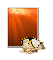 Image showing Frame with underwater scene and diving mask with sea shells