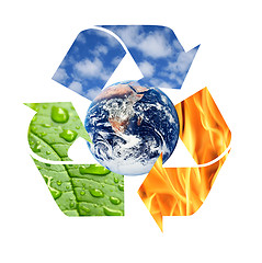 Image showing Recycle symbol made from fire, clouds and green leaf with drops 