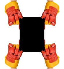 Image showing Red protective gloves holding an empty black frame for your text