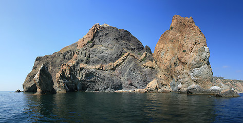 Image showing View on the coastline from the sea. High resolution panoramic ph