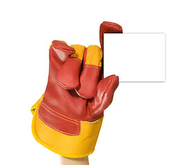 Image showing Red protective gloves holding an empty black frame for your text