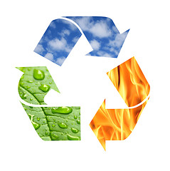 Image showing Recycle symbol made from fire, clouds and green leaf with drops 