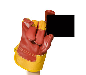 Image showing Red protective gloves holding an empty black frame for your text