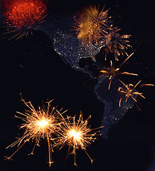 Image showing Fireworks,sparks with america at night image.New year concept