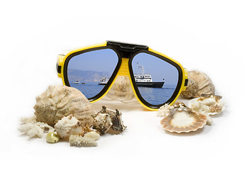 Image showing Yellow diving mask with sea shells and sea reflection