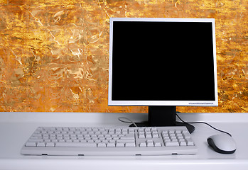 Image showing PC with black desktop grunge old wall background