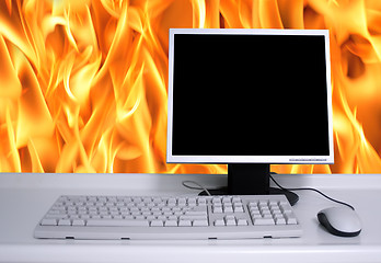 Image showing PC with black desktop and fire flames background